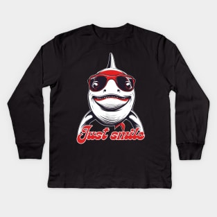 Funny white shark with red glasses invite you to smile Kids Long Sleeve T-Shirt